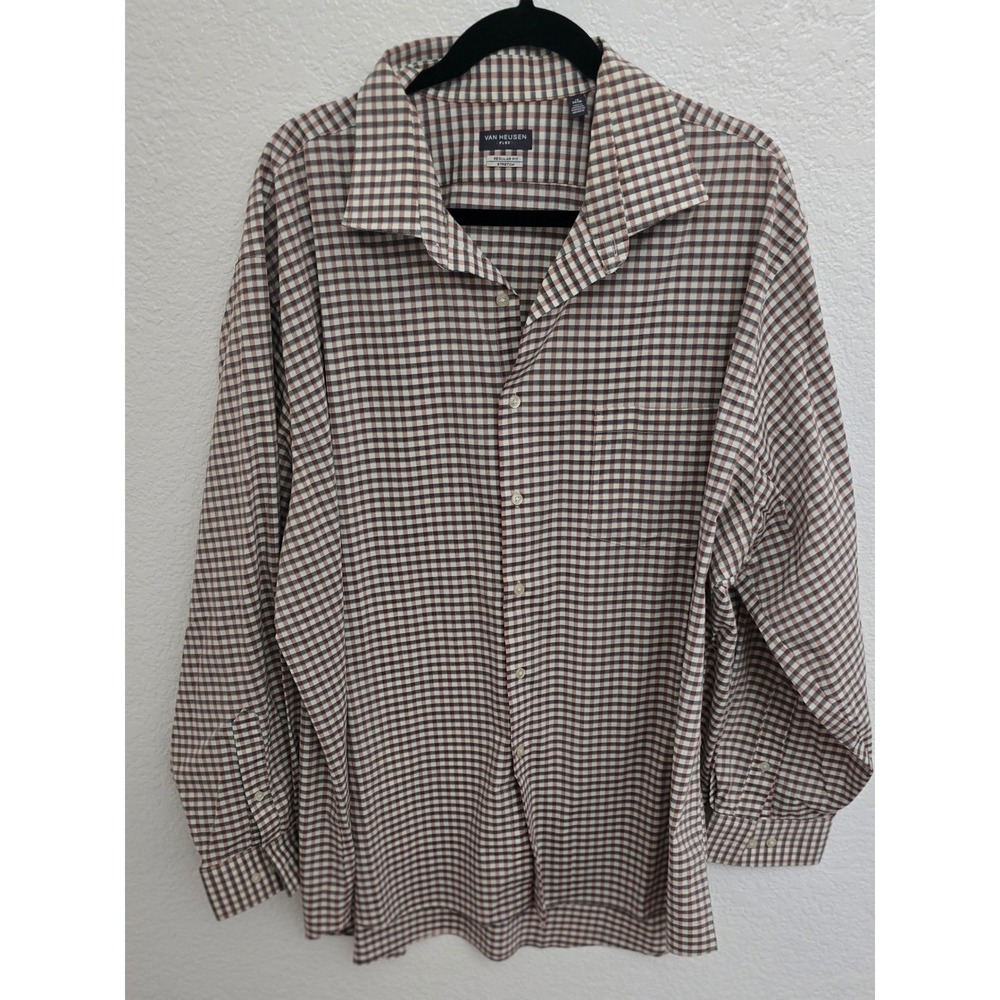 Van Heusen Button Down Mens 19‎ 34/35 Brown Regular Fit Stretch